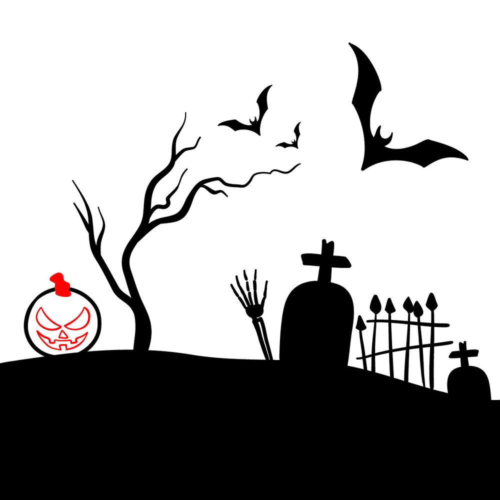 How to draw a Halloween Graveyard silhouette - step 12