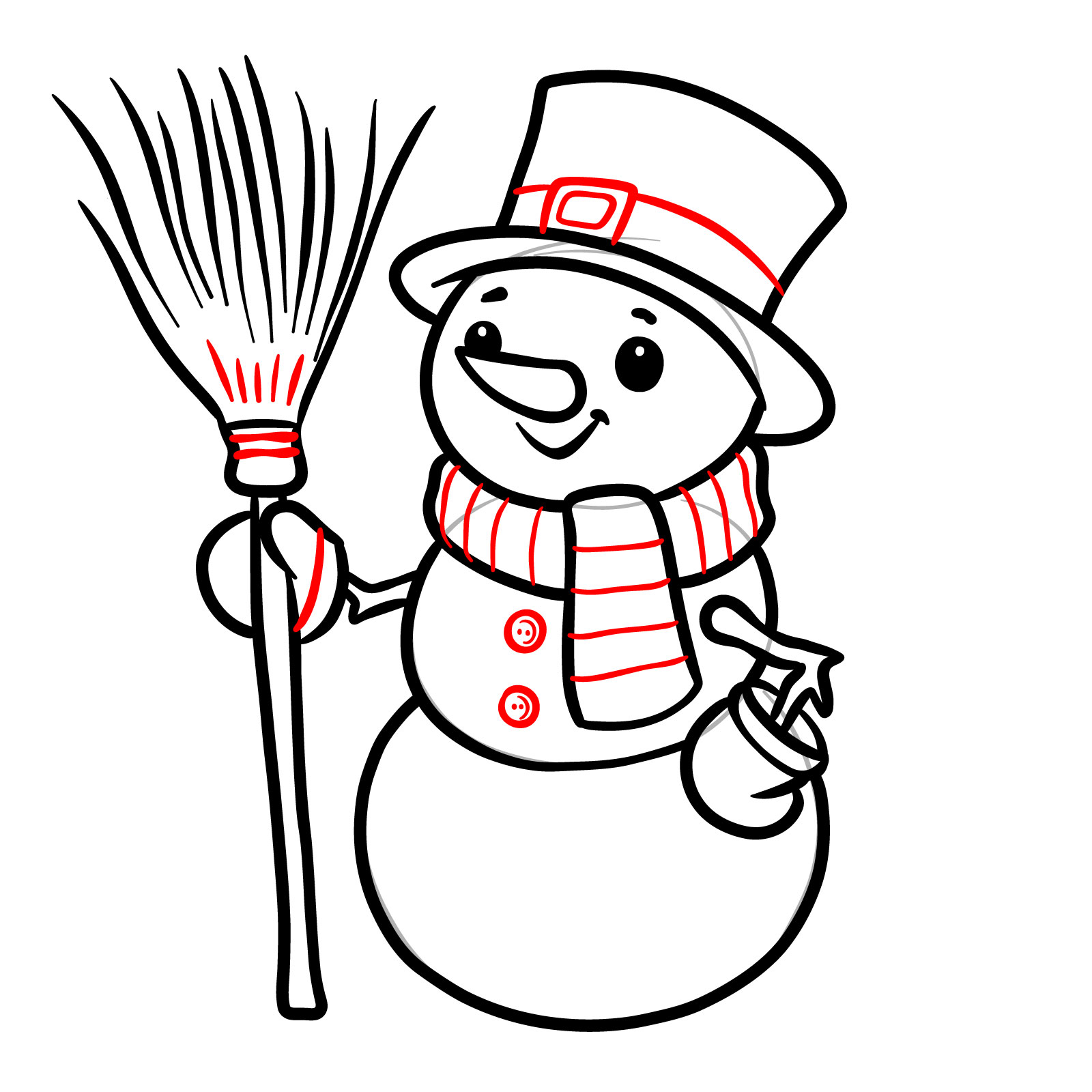 Final details like hatband, scarf stripes, and buttons for a festive snowman drawing - step 16