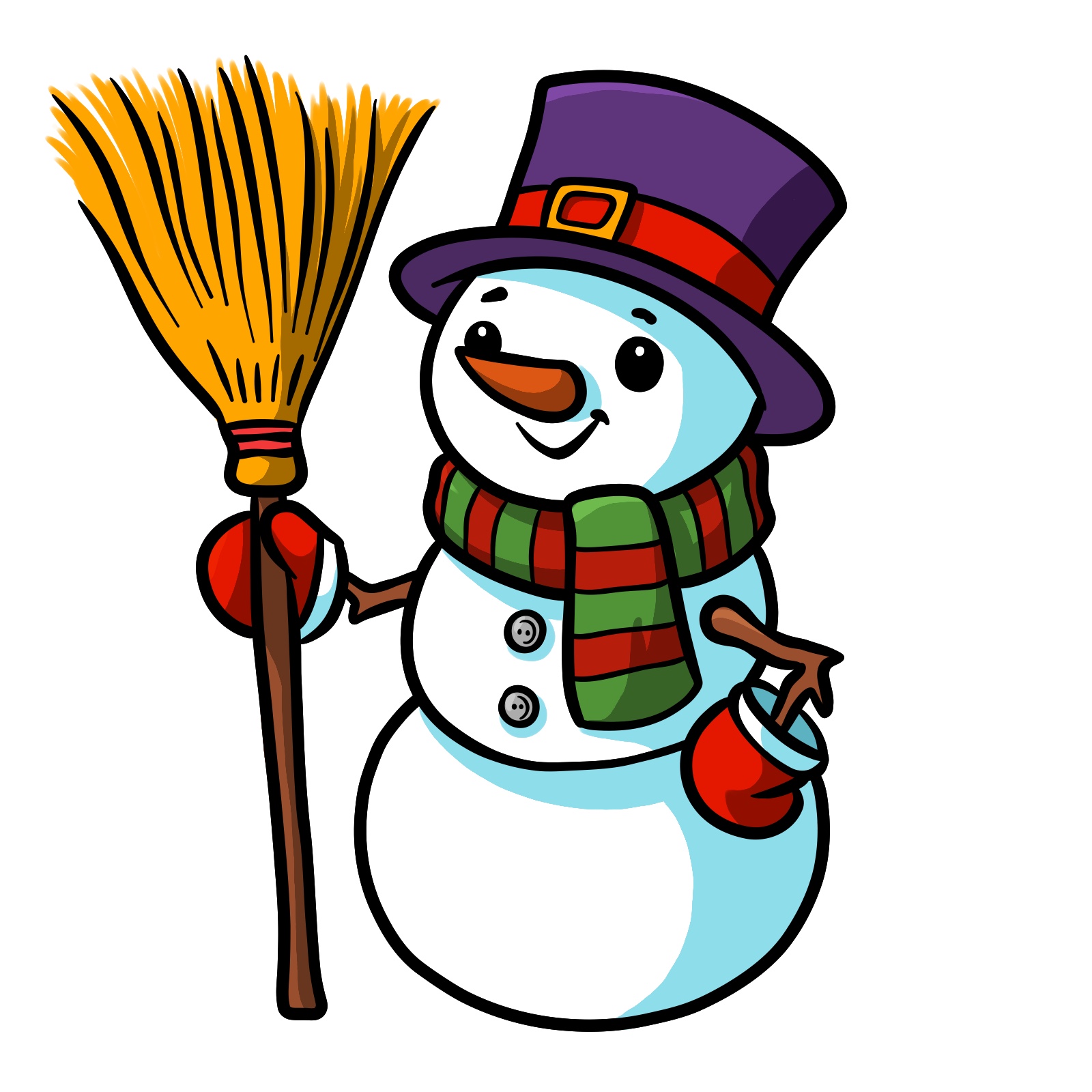 How to draw a snowman - final colored snowman drawing with festive details and a broomstick - final step