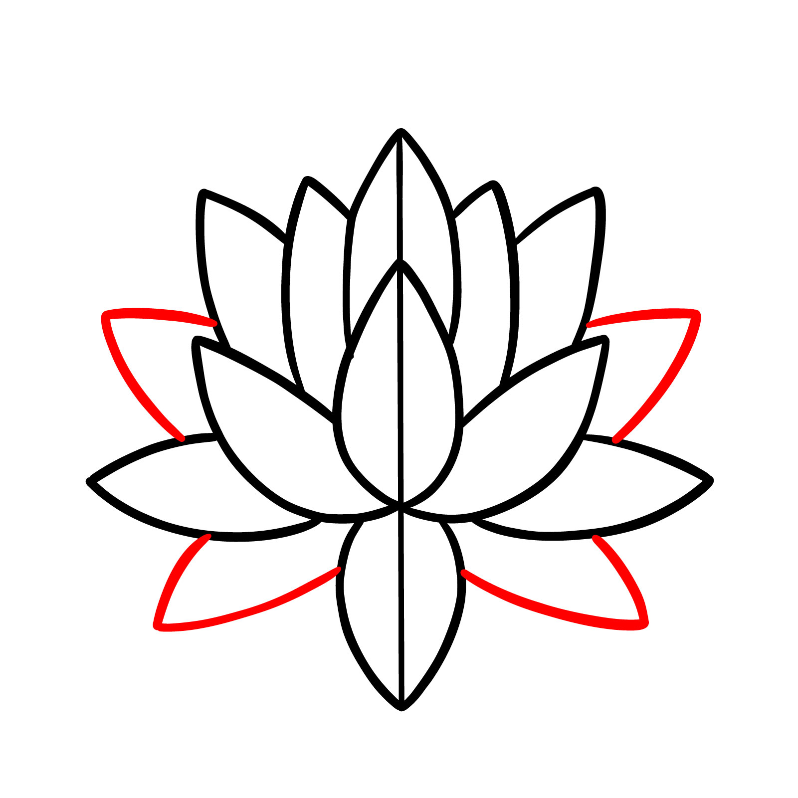 Final petal additions complete the base shape of the geometric water lily drawing - step 05