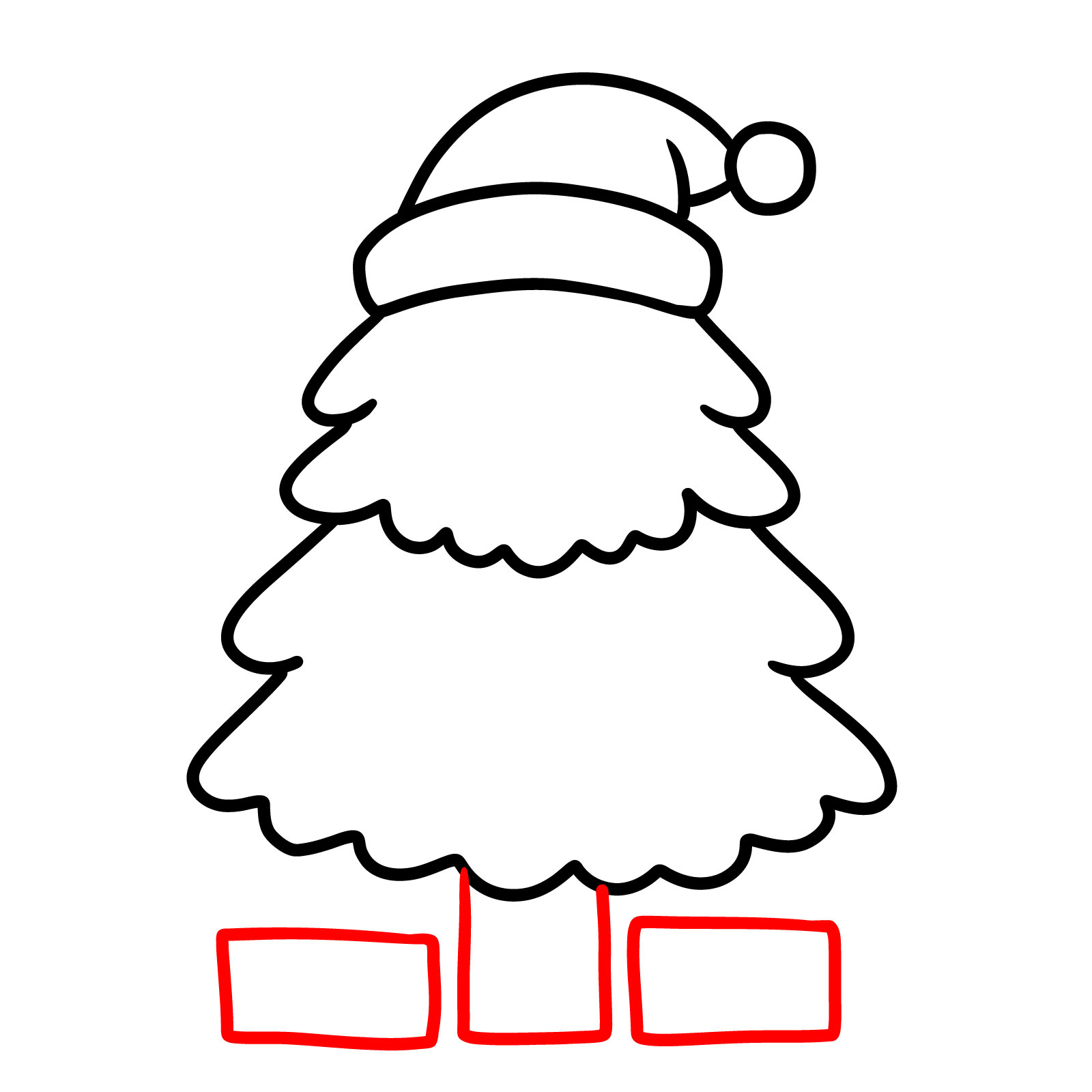 Cute Christmas Tree Drawing – Step 7: Drawing a trunk in the center and two rectangles for presents under the tree