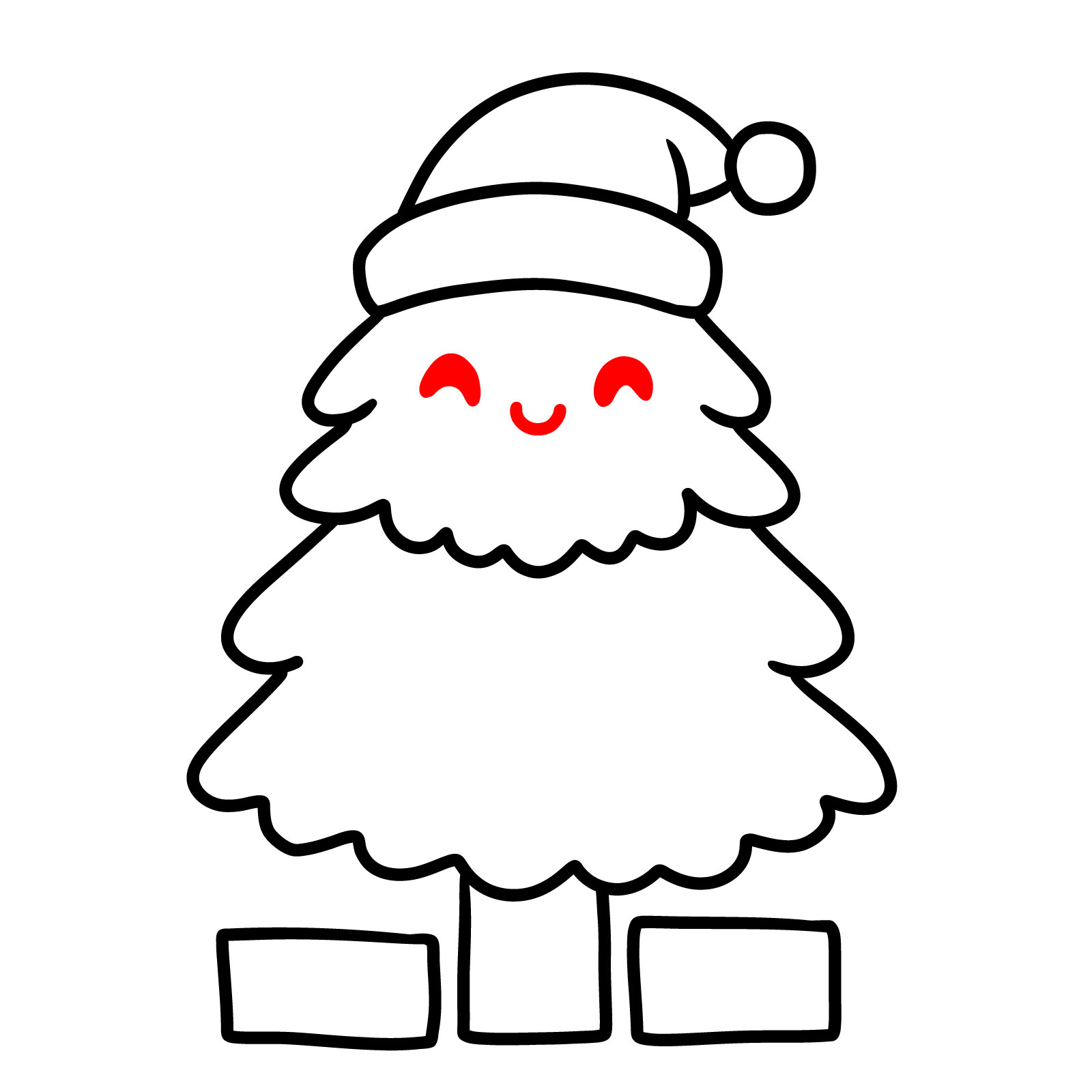 Kawaii Christmas Tree Drawing – Step 8: Adding a U-shaped mouth and crescent-shaped closed eyes to the tree