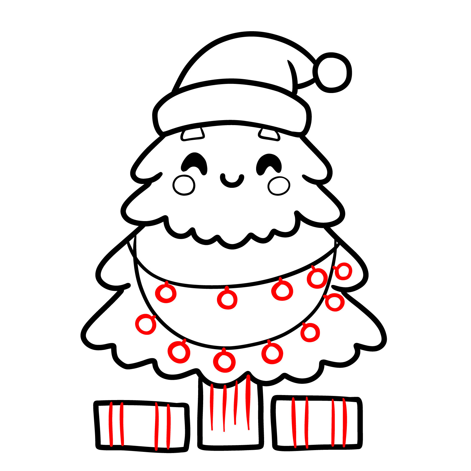 Cute Christmas Tree Drawing – Step 11: Adding lights, trunk texture, and ribbon details to the gifts