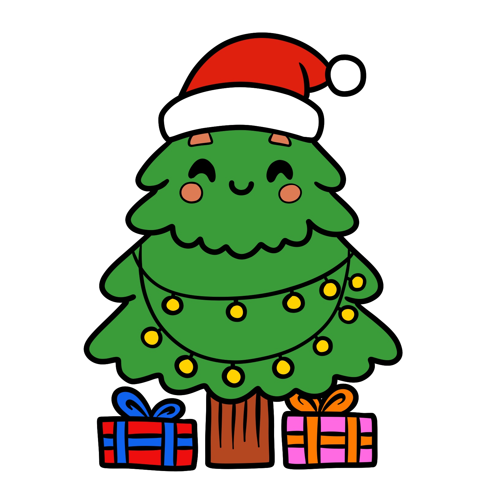 Kawaii Christmas Tree Drawing – Step 14: Adding base colors to the tree, hat, lights, trunk, and gifts