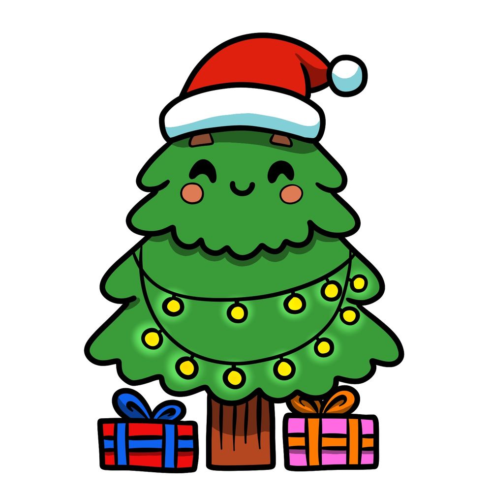 How to Draw a Cute Kawaii Christmas Tree with a Santa Hat and Gifts