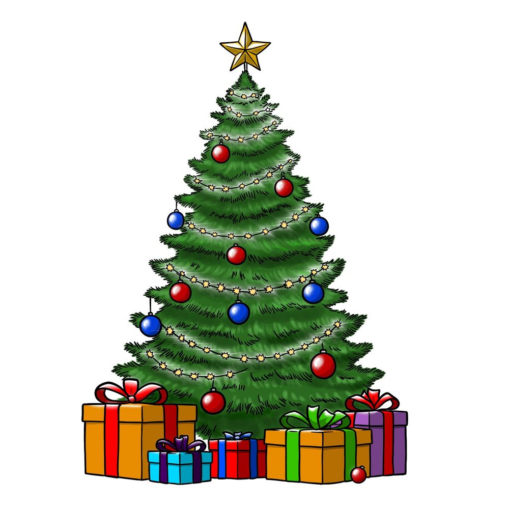 Learn How to Draw a Christmas Tree with Lights, Decorations, and Presents