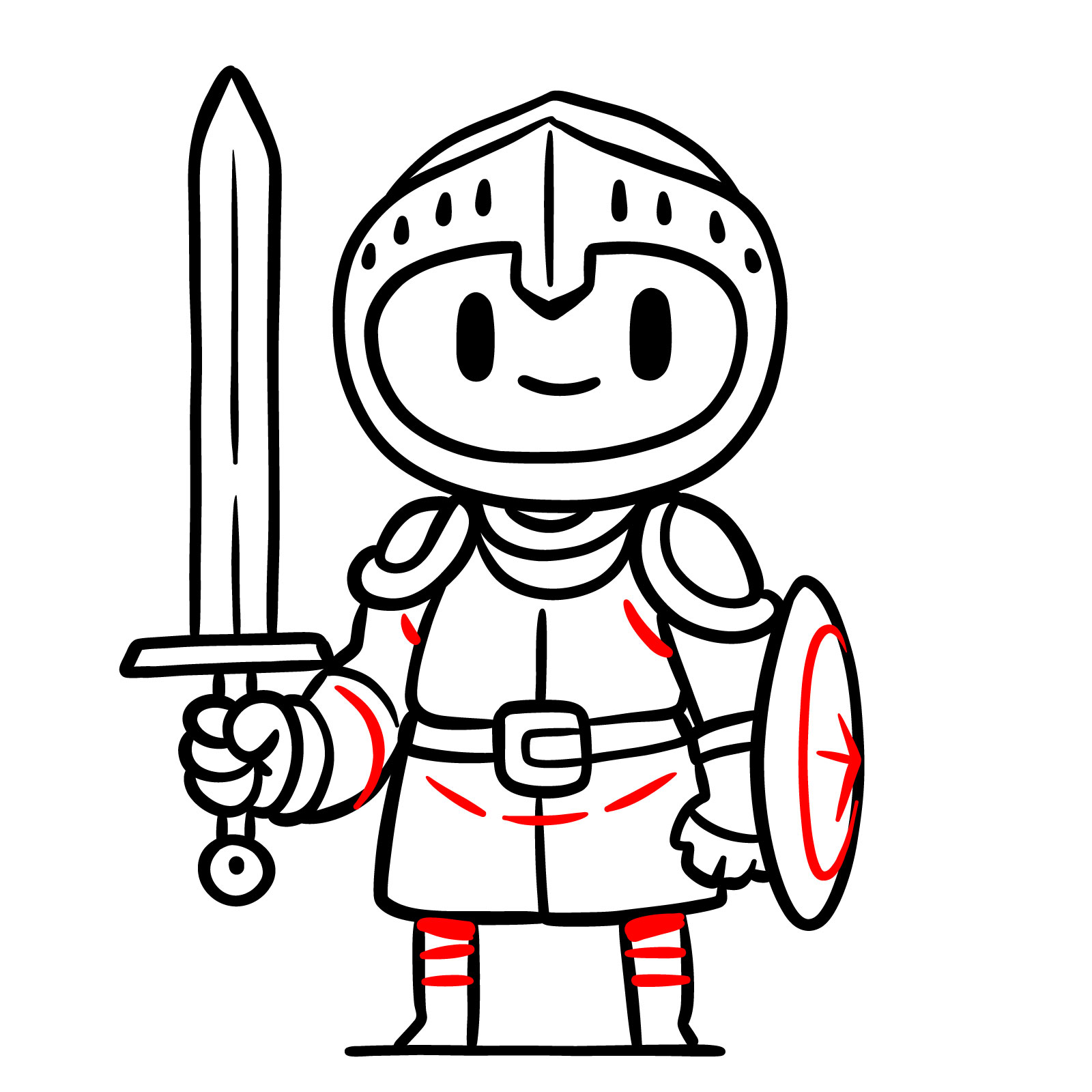 Easy paladin drawing step 14: adding armor and shield details