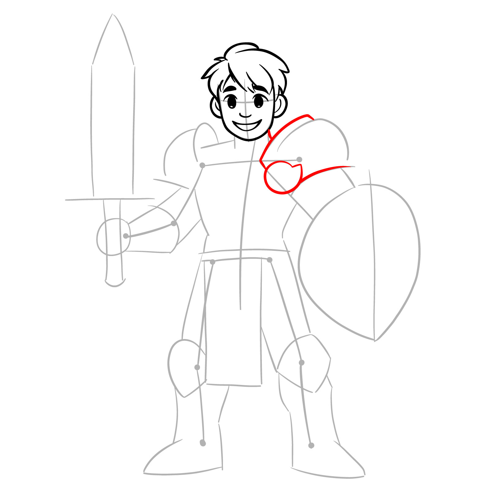 Easy paladin drawing step 8: first shoulder armor outline