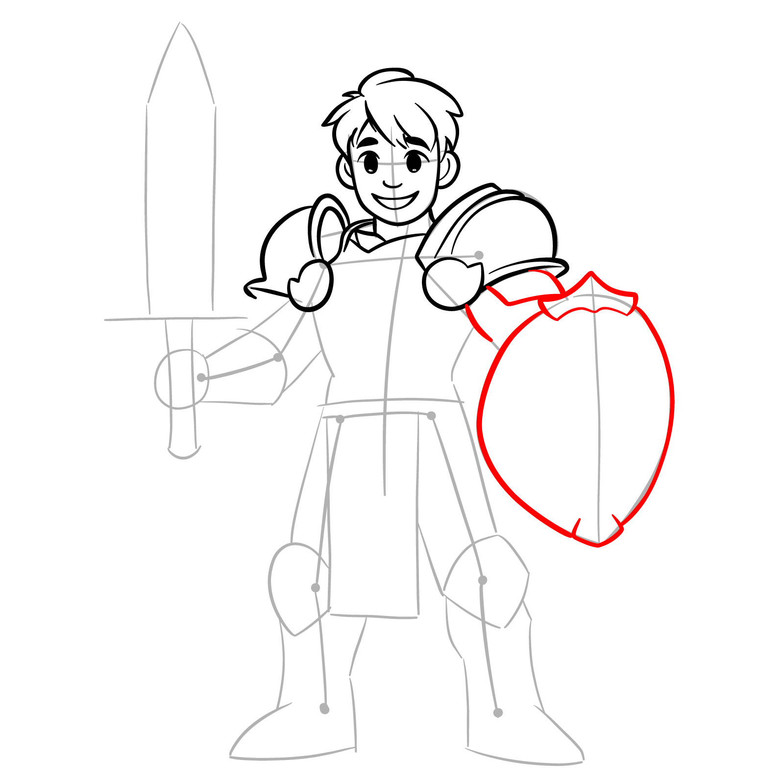 How to draw a paladin step 11: hand and shield outline