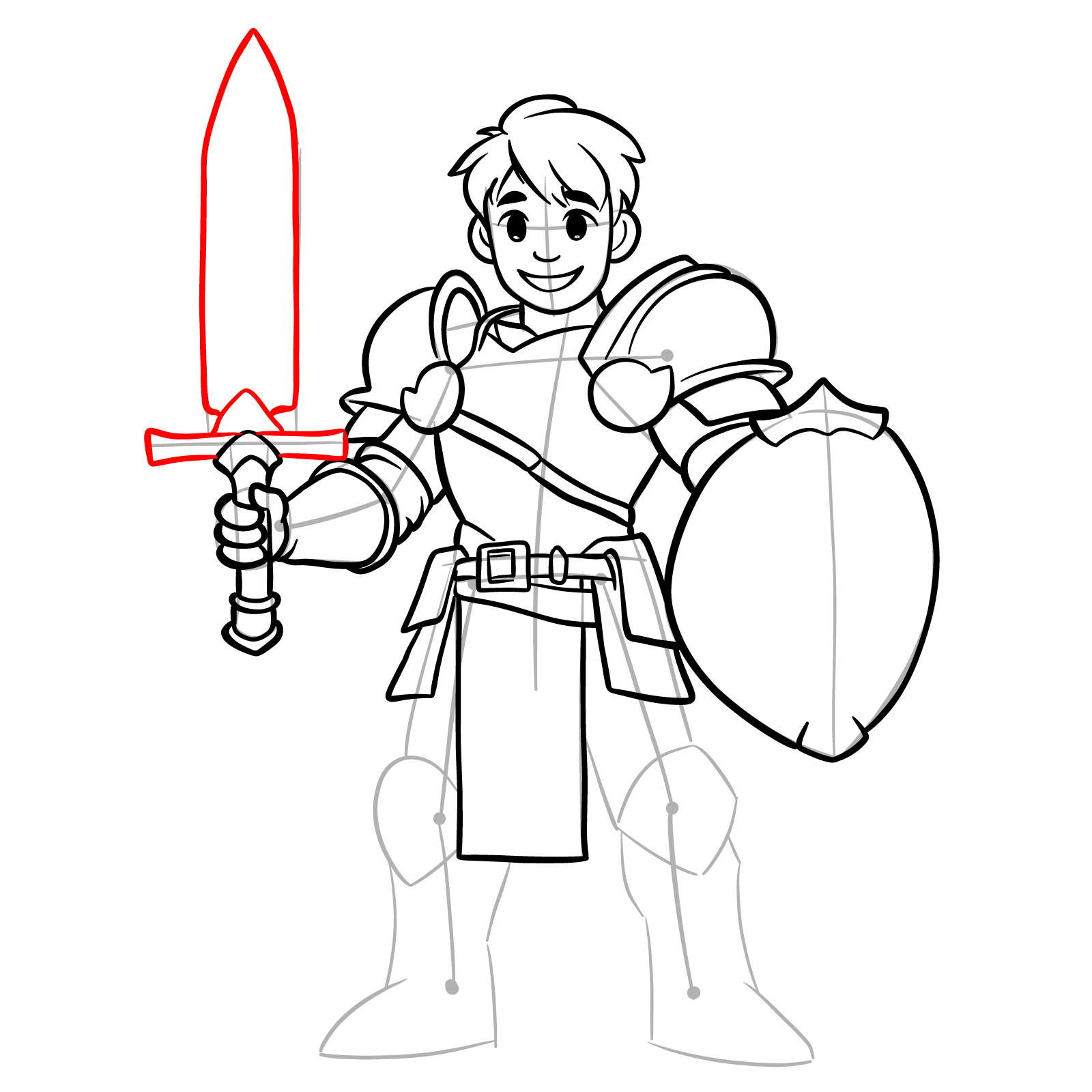 Easy paladin drawing step 17: sword blade outline