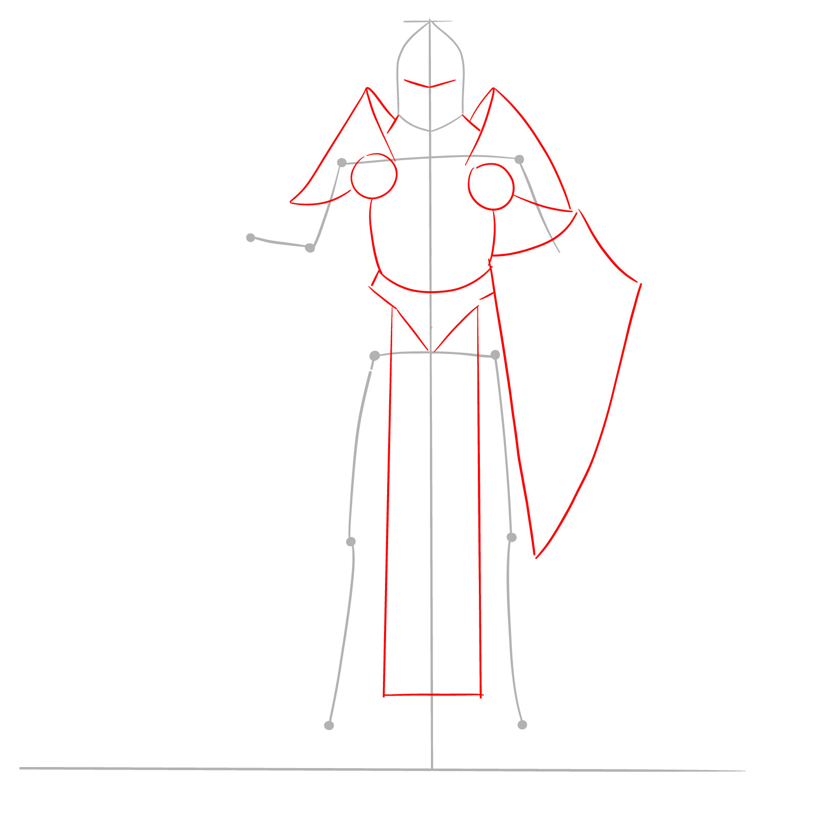 Realistic male paladin drawing step 2: outlining body and armor