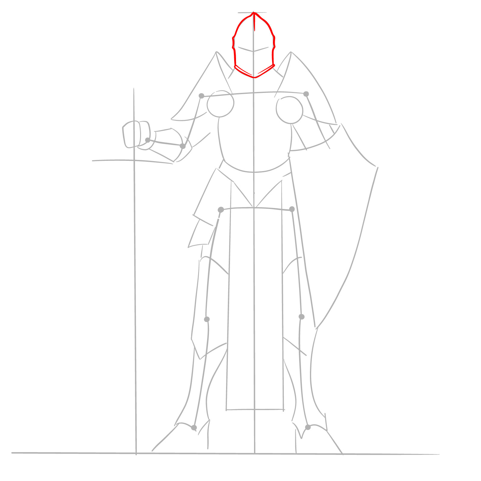 Realistic male paladin drawing step 4: refining helmet details