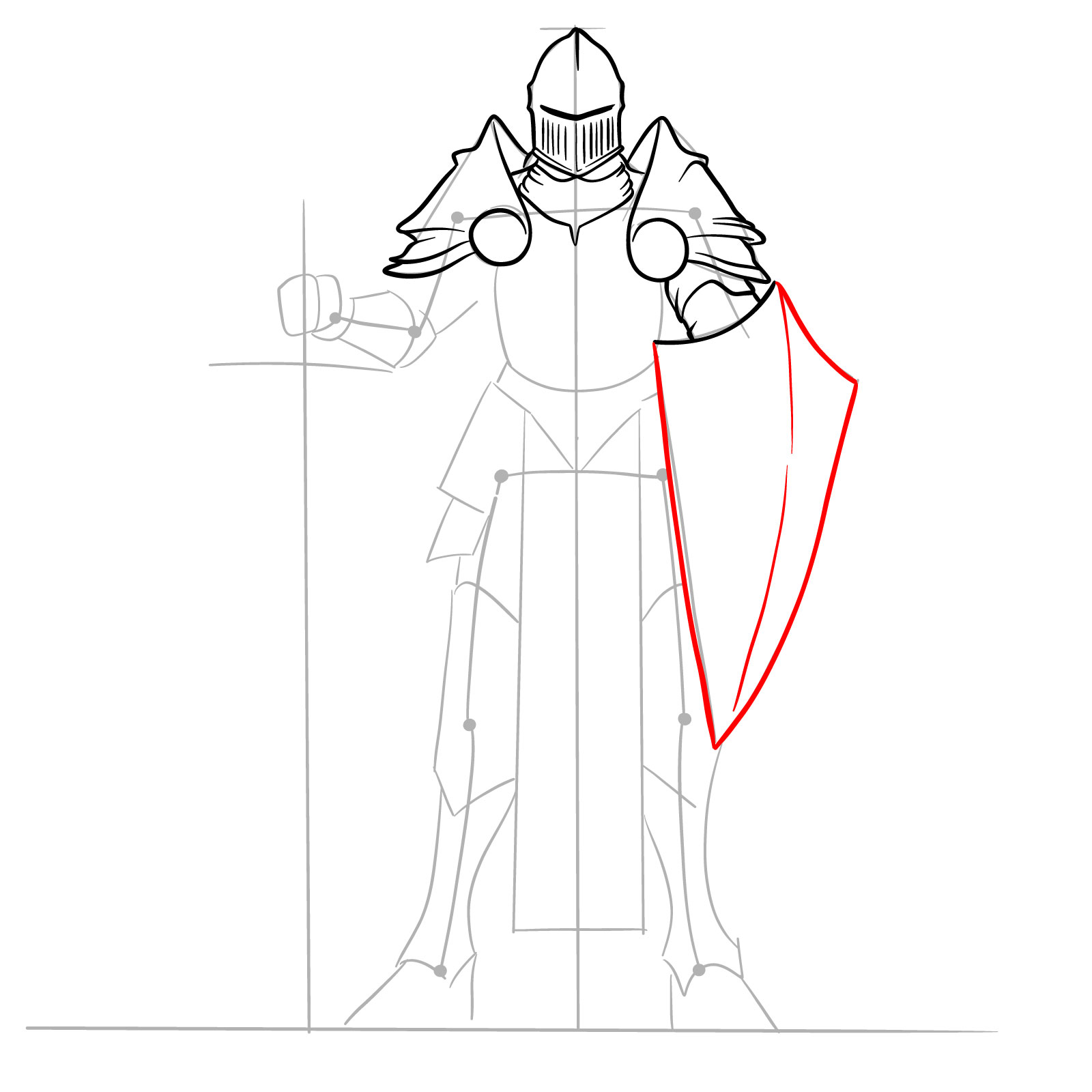 Realistic male paladin drawing step 10: full shield outline
