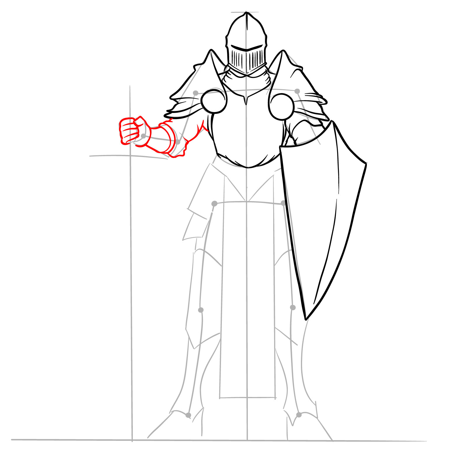 Realistic male paladin drawing step 12: arm and sword hand