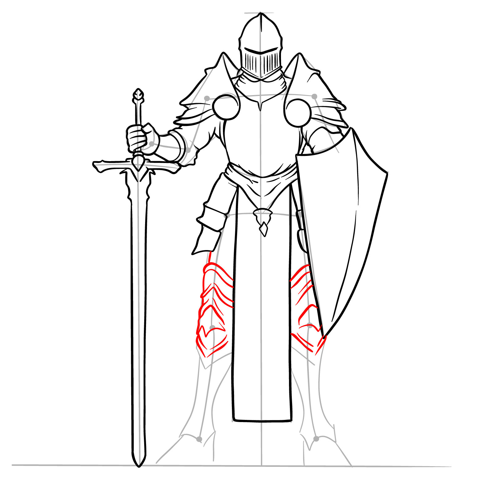 Realistic male paladin drawing step 17: leg armor to the knee
