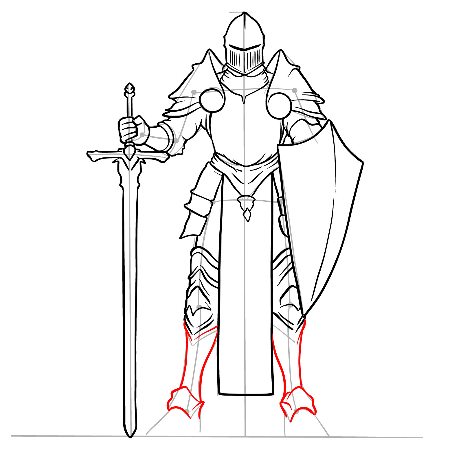 How to draw a male paladin in helmet step 18: knee to ankle armor