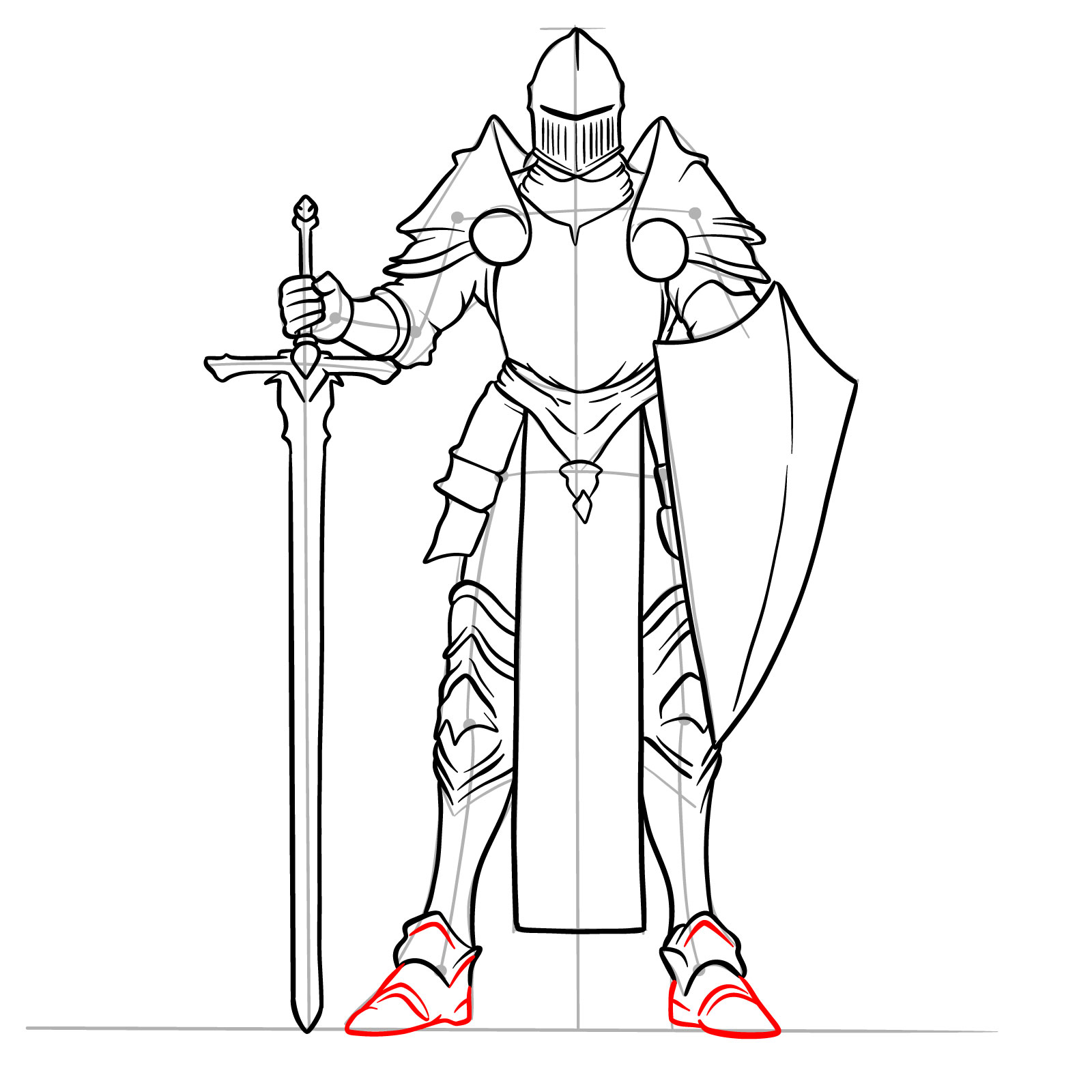 Male paladin drawing step 19: foot armor