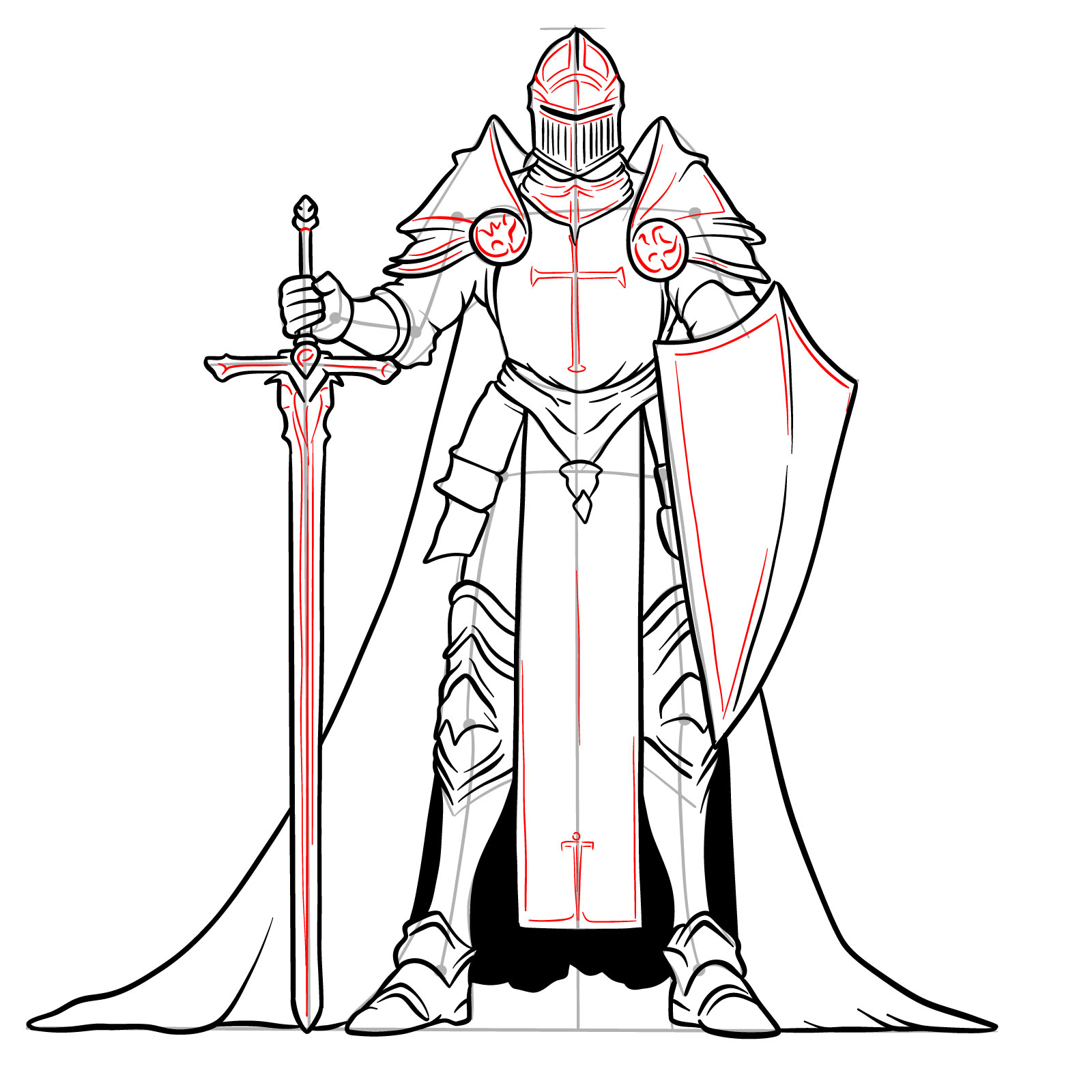 Realistic male paladin drawing step 21: detailing armor and cloth