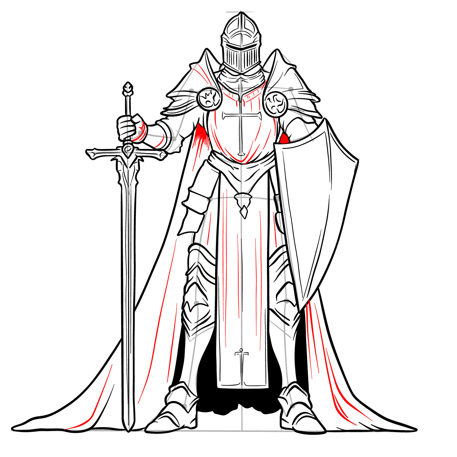 How to draw a male paladin in helmet step 22: adding fabric folds and shading
