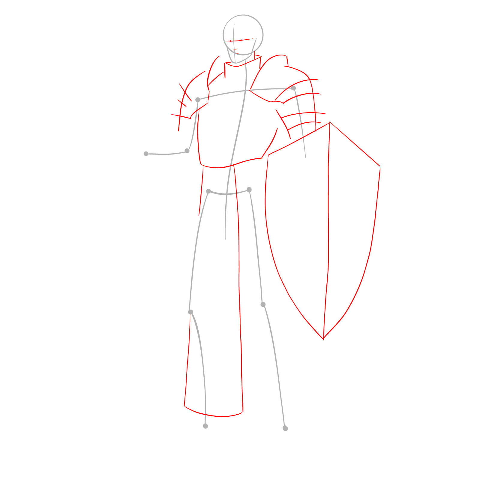 Adding facial features and basic body armor shapes to the paladin drawing - step 02