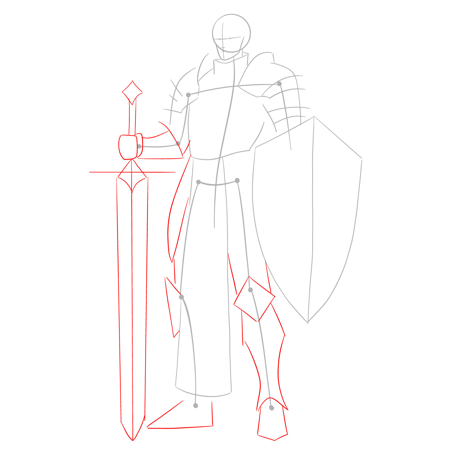 Outlining leg armor, sword, and hand of the male paladin drawing - step 03