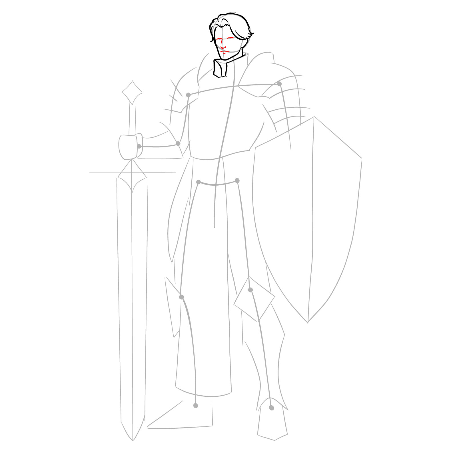 Adding upper eyelids, nose, and mouth to the paladin's face drawing - step 07