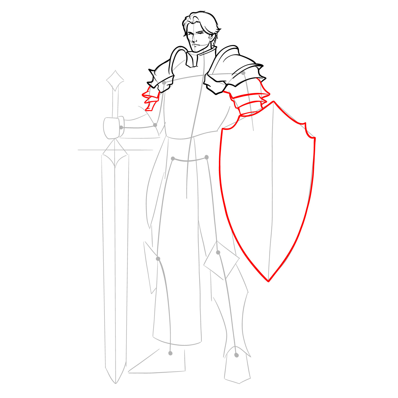 Sketching arm armor and refining the shield outline - step 11