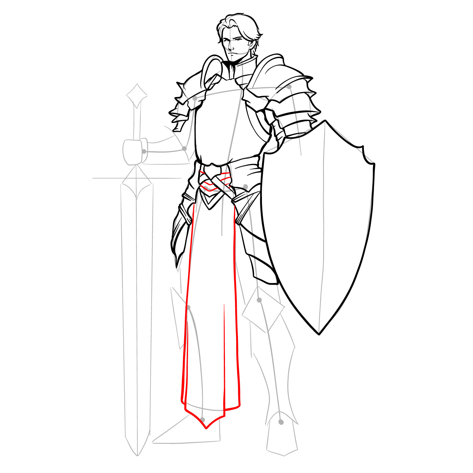 Adding a central piece of cloth and straps at the waist of the male paladin drawing - step 15