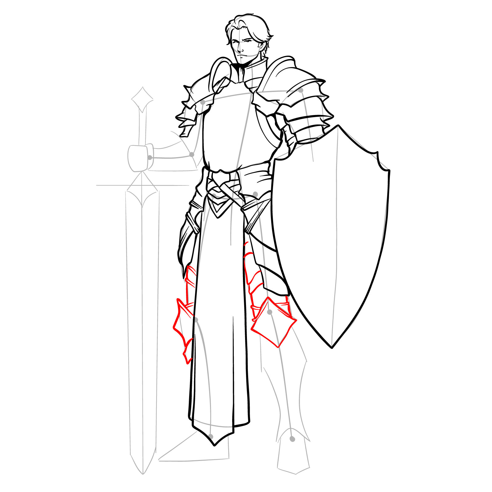 Sketching leg armor and knee protection on the paladin - step 16
