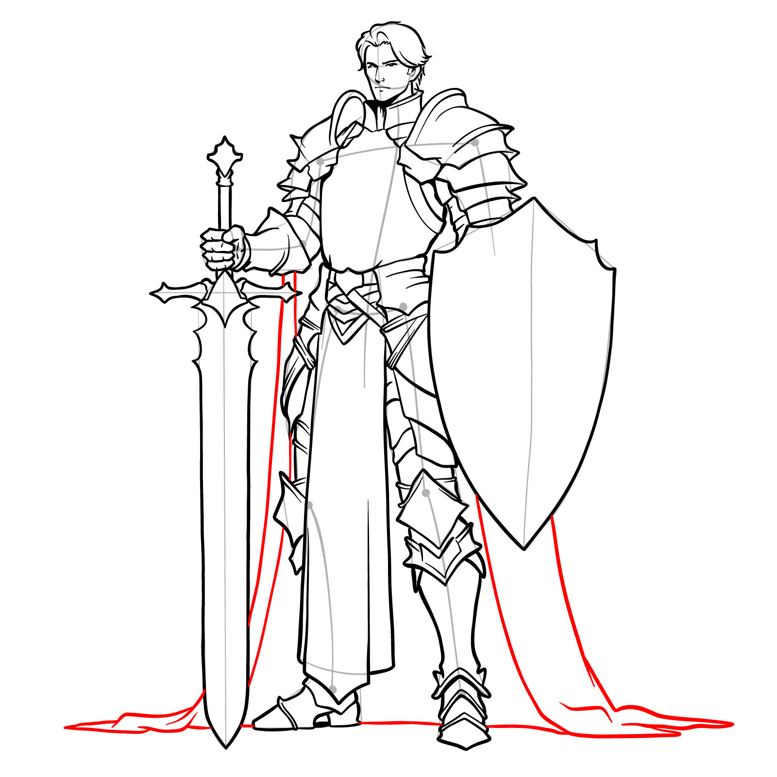 Sketching a cape flowing to the ground for the male paladin - step 23