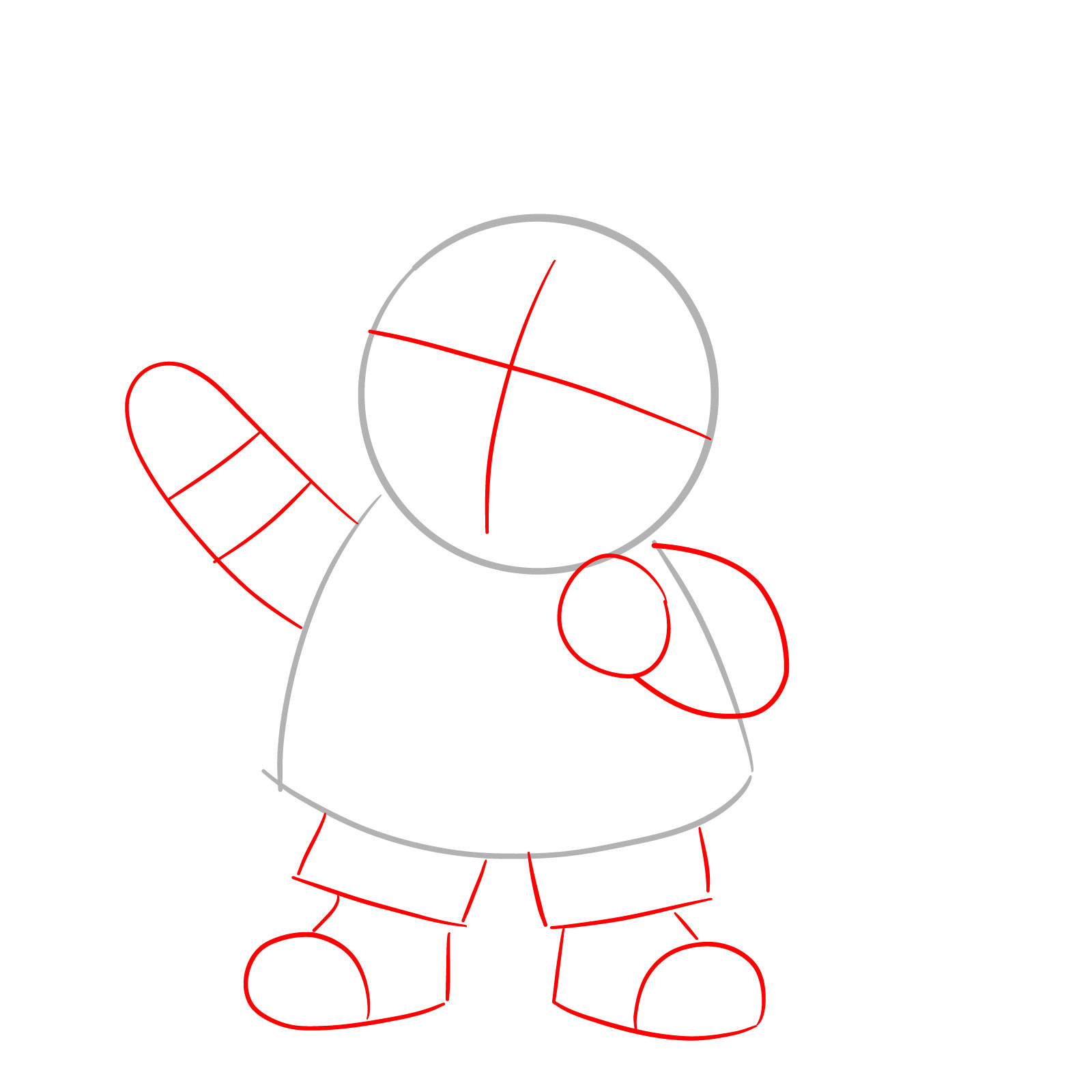 Proportion sketch for Santa drawing, adding guides for face, arms, and legs - step 02