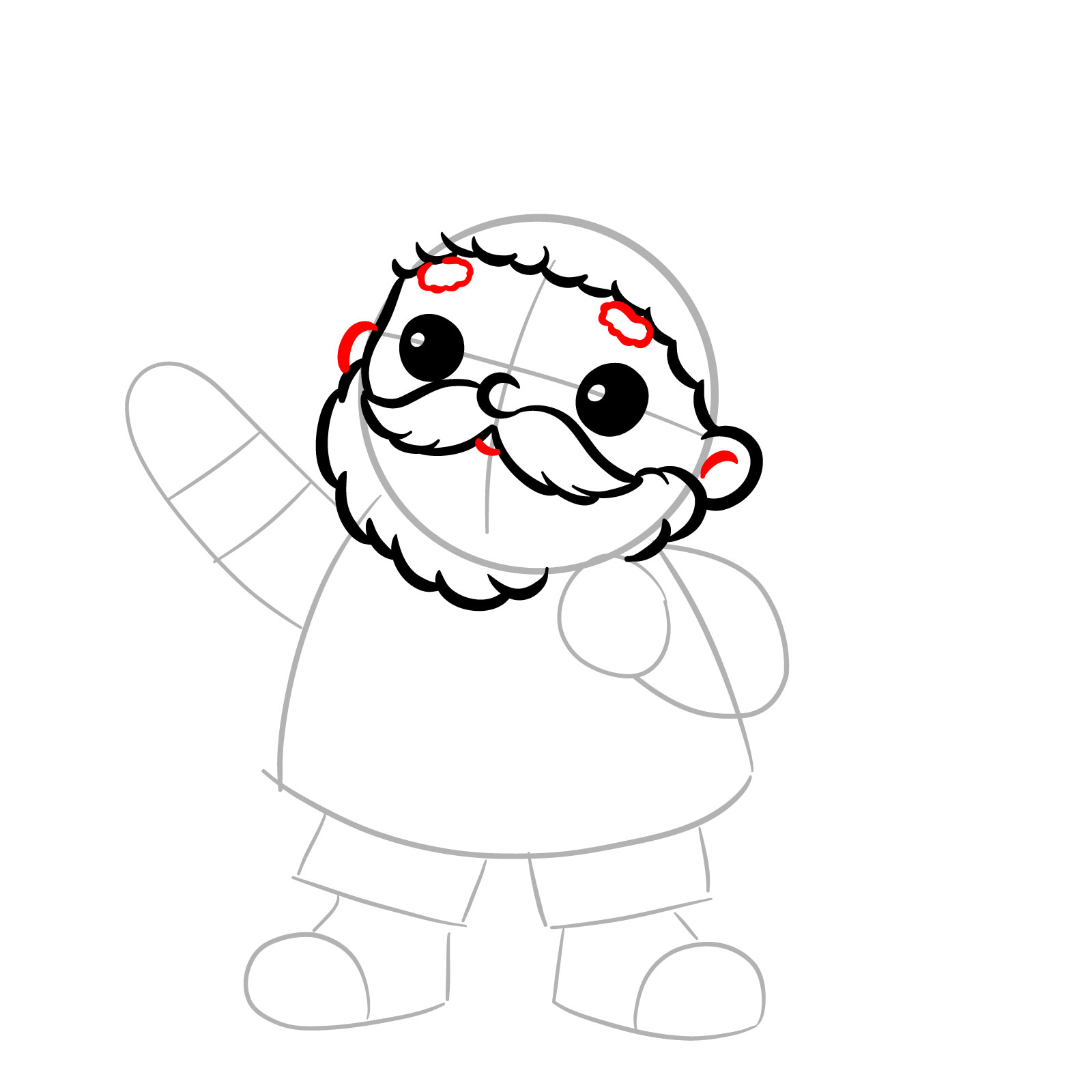 Step seven of how to draw Santa Claus, adding eyebrows, mouth, and ears - step 07