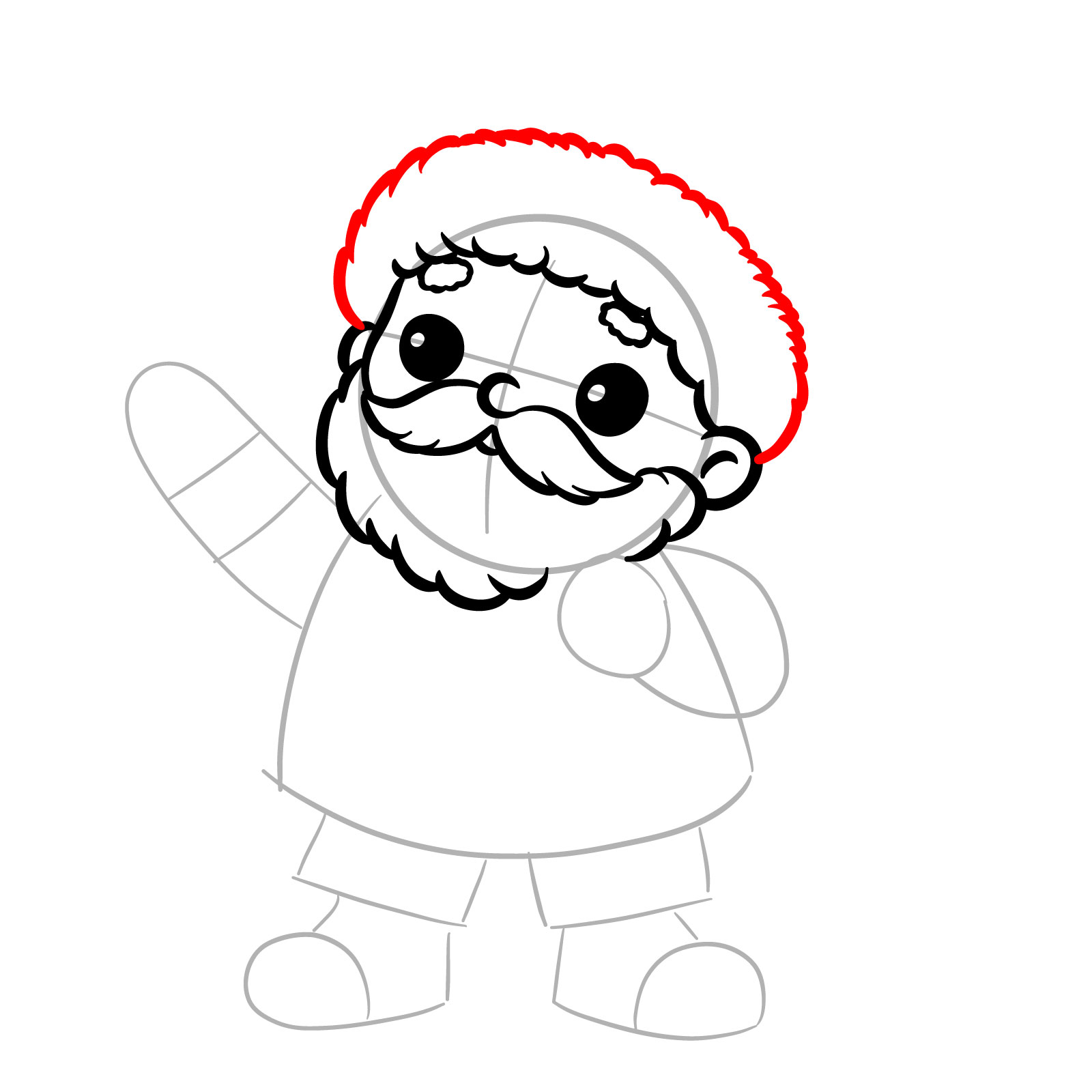 Santa drawing step focusing on outlining the hat trim - step 08