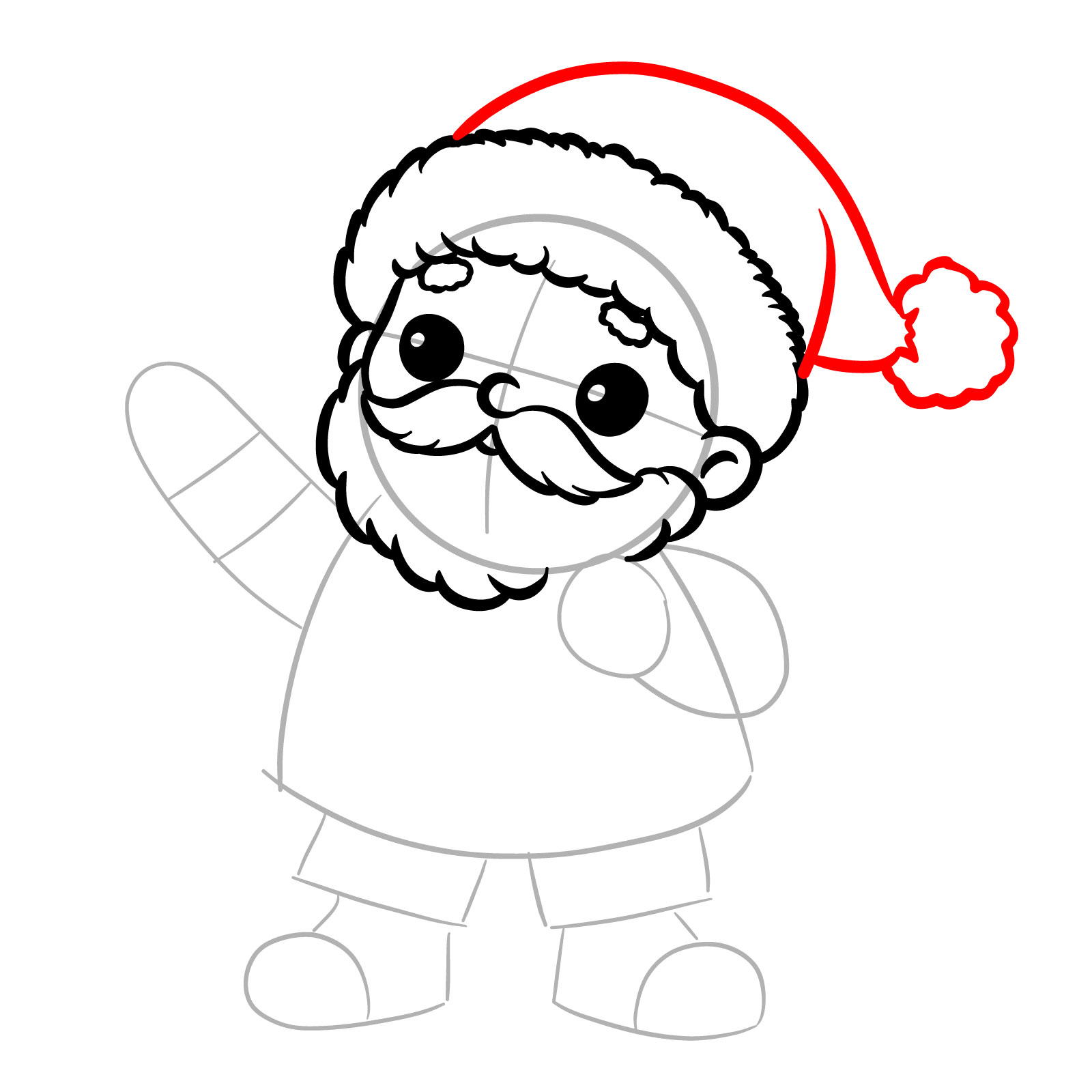 Step nine of how to draw Santa Claus, sketching the hat and pompom - step 09