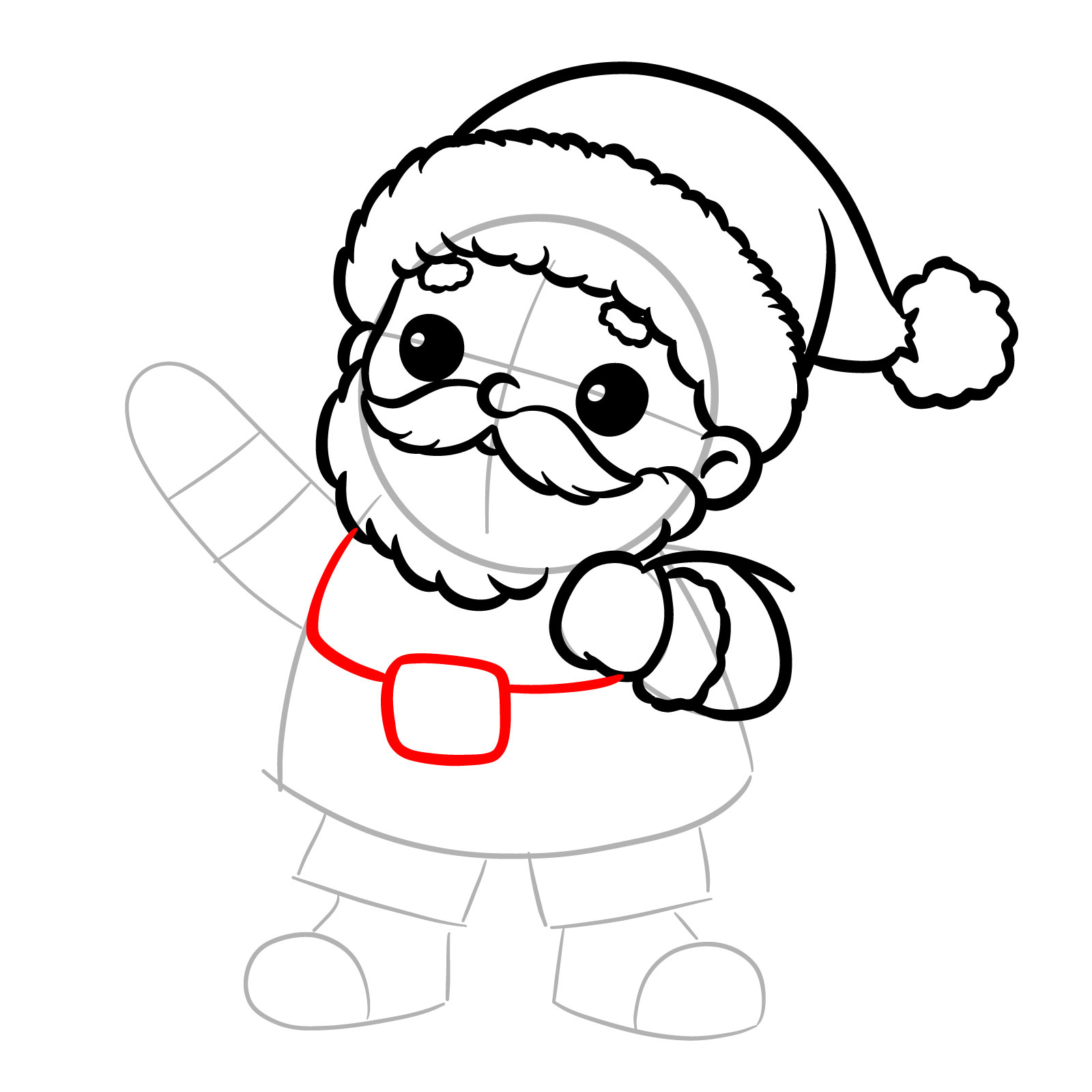 Coat and belt outline for how to draw Santa Claus - step 12