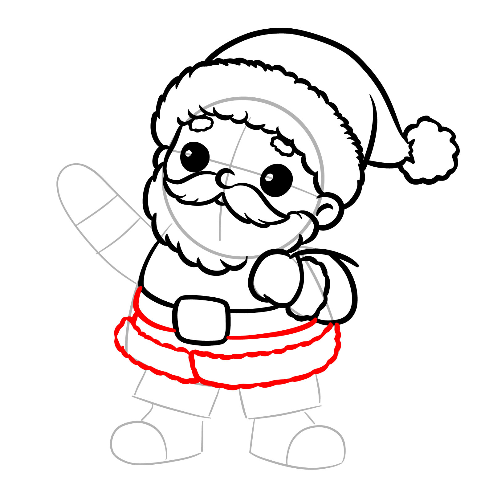 Santa drawing step adding belt and coat details - step 13