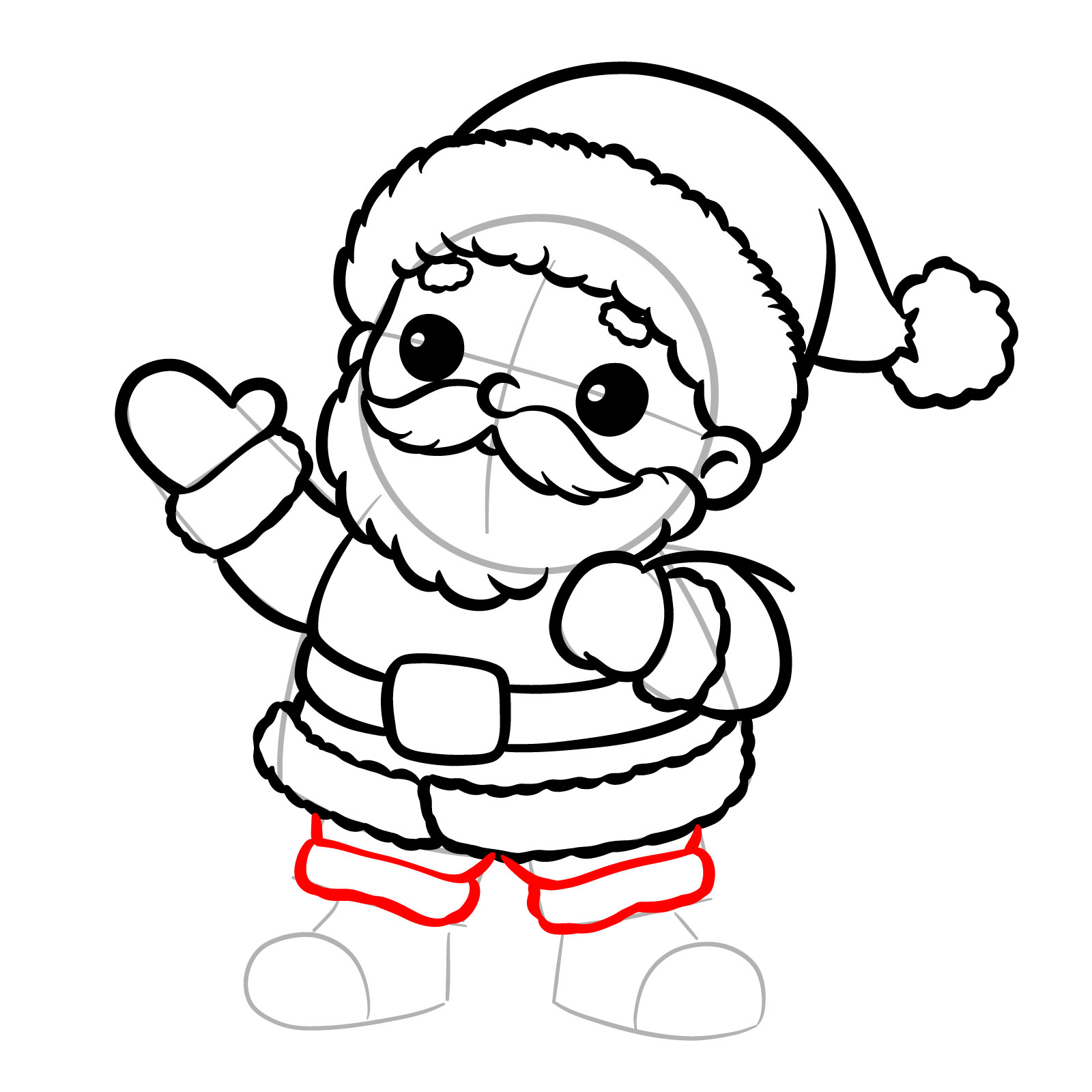 Step fifteen of how to draw Santa Claus, sketching pants and trims - step 15