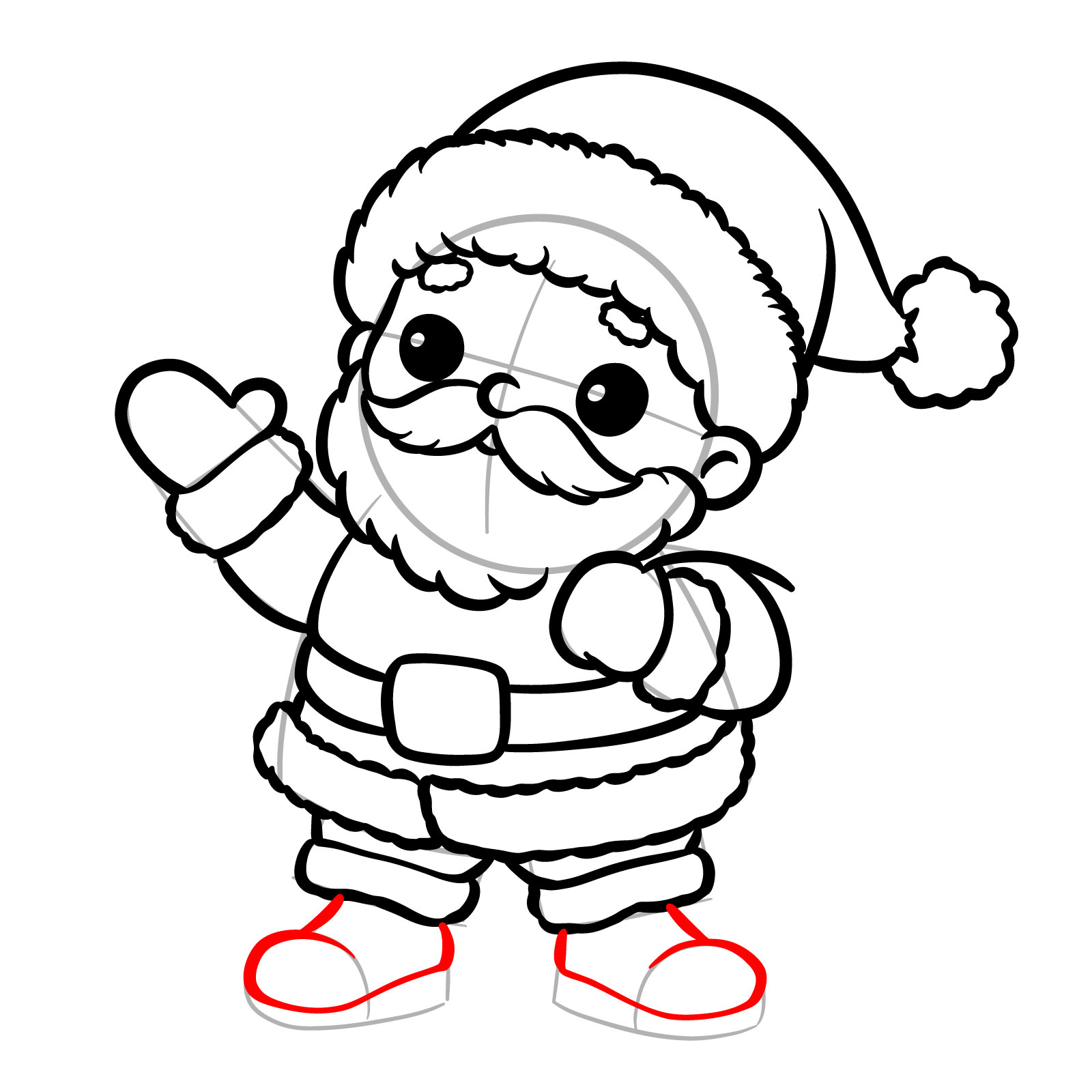 Initial outline for Santa’s boots in the drawing - step 16