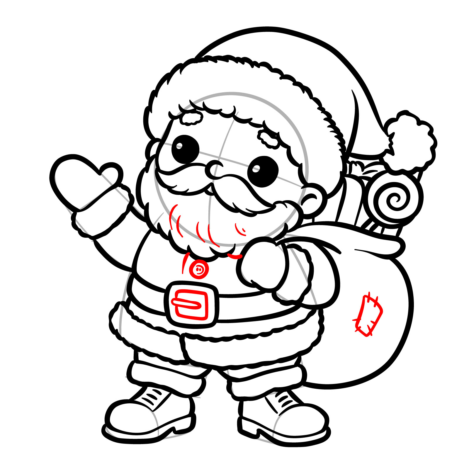 Final details like beard texture and coat buttons added to Santa drawing - step 20