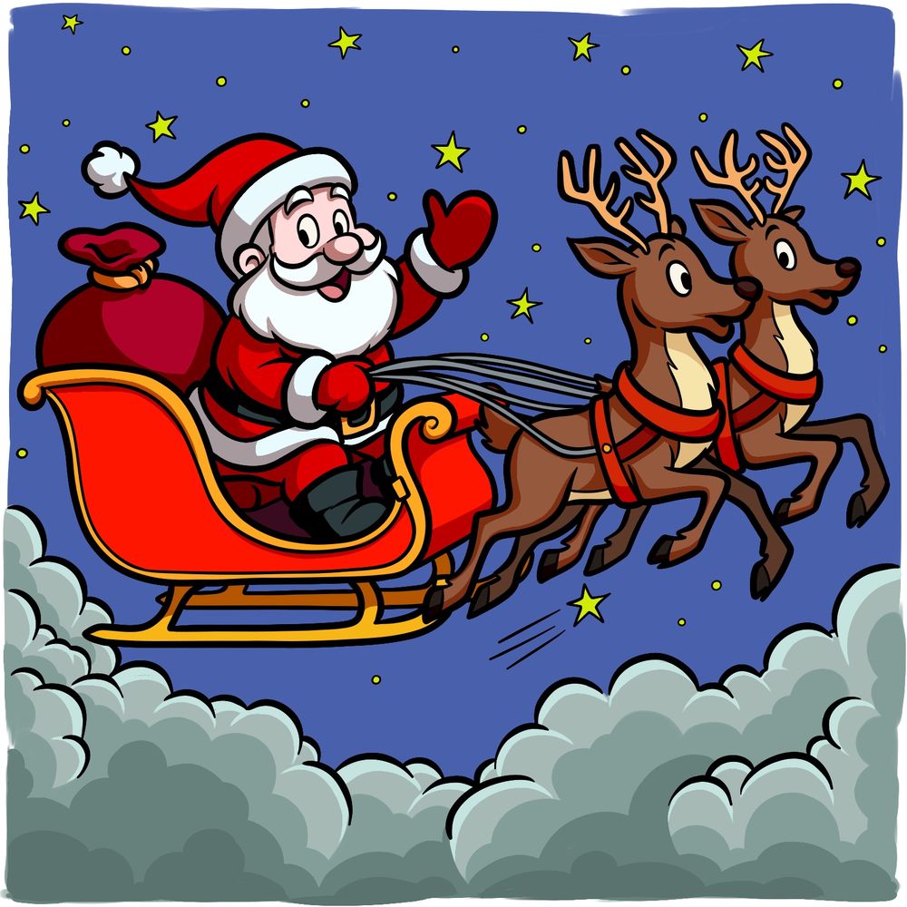 How to Draw Santa on a Sleigh in the Night Sky With Two Reindeer