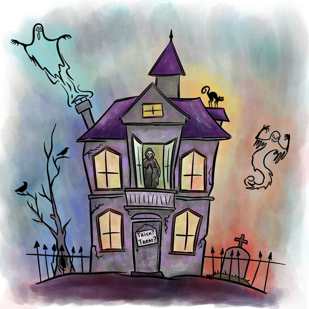 Let’s Draw a Haunted House with Ghosts, a Black Cat, and a Tombstone