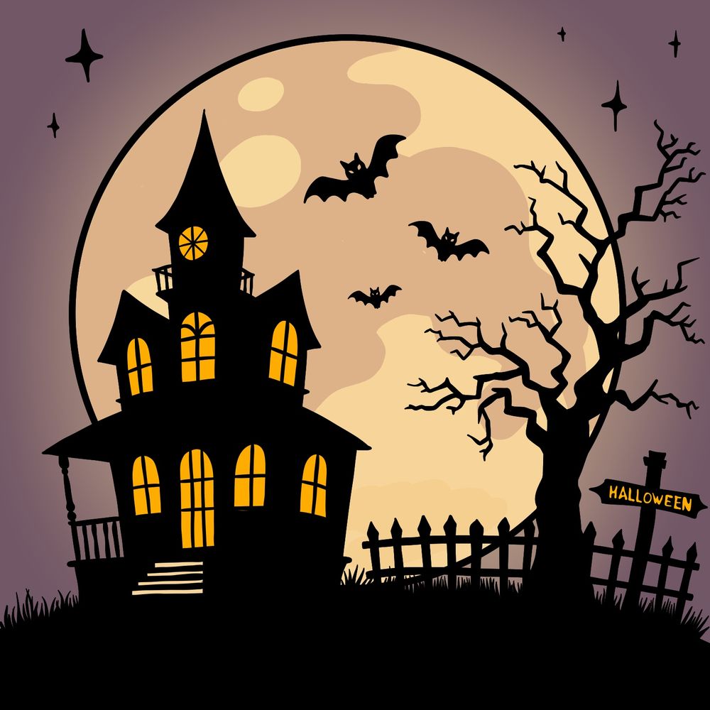 Halloween Scene Drawing Tutorial: Full Moon, Haunted House, and Bats