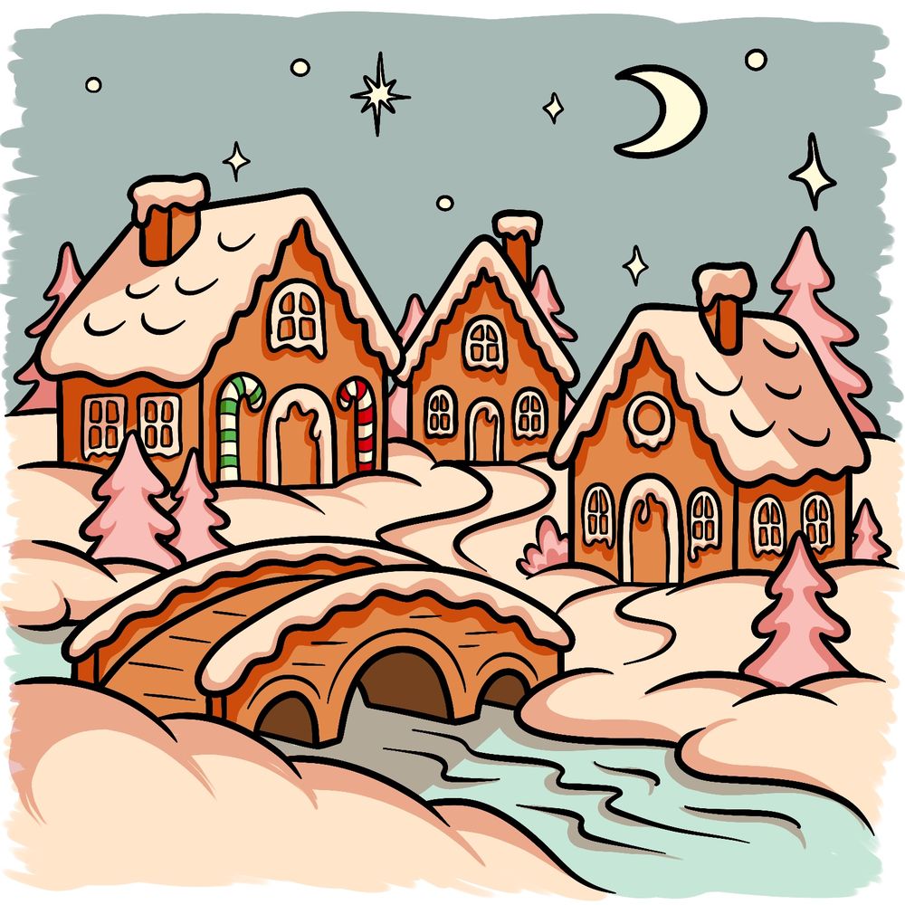 How to Draw a Cozy Gingerbread Village Scene in 21 Steps