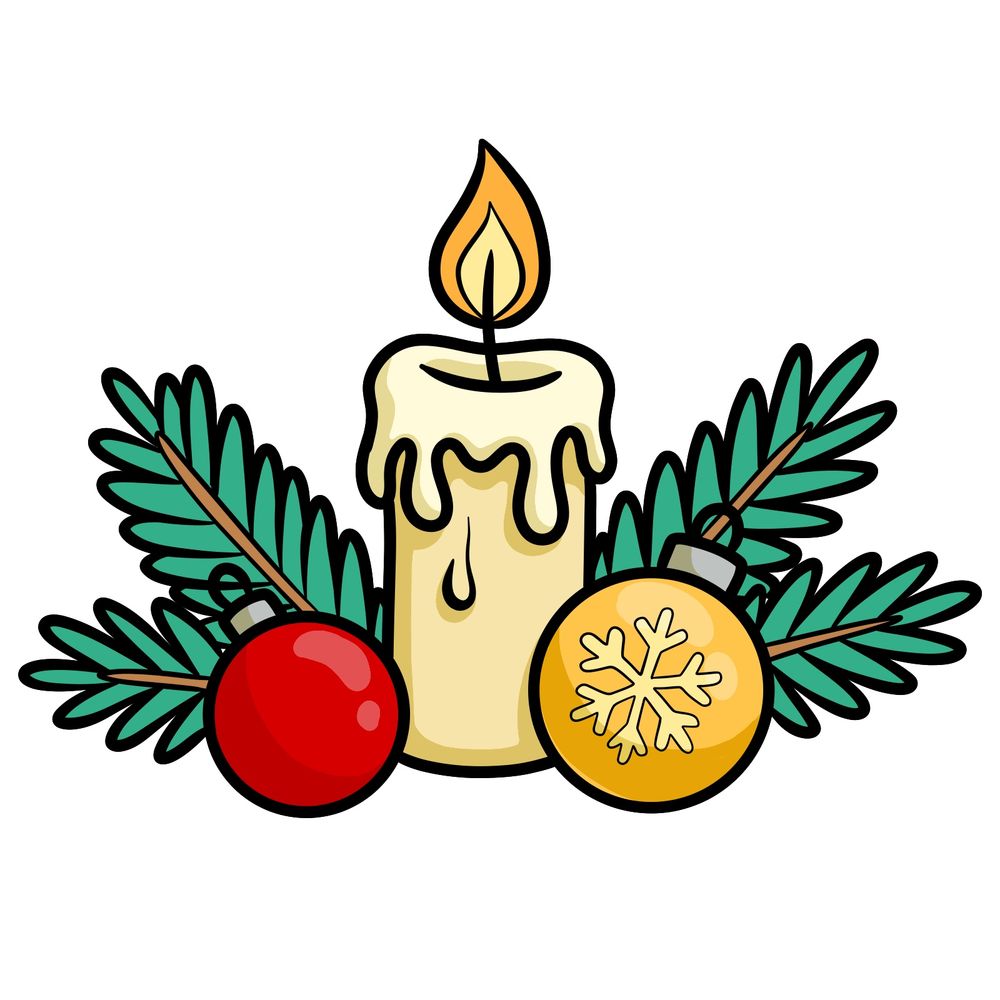 How to Draw a Festive Candle With Fir Branches and Baubles
