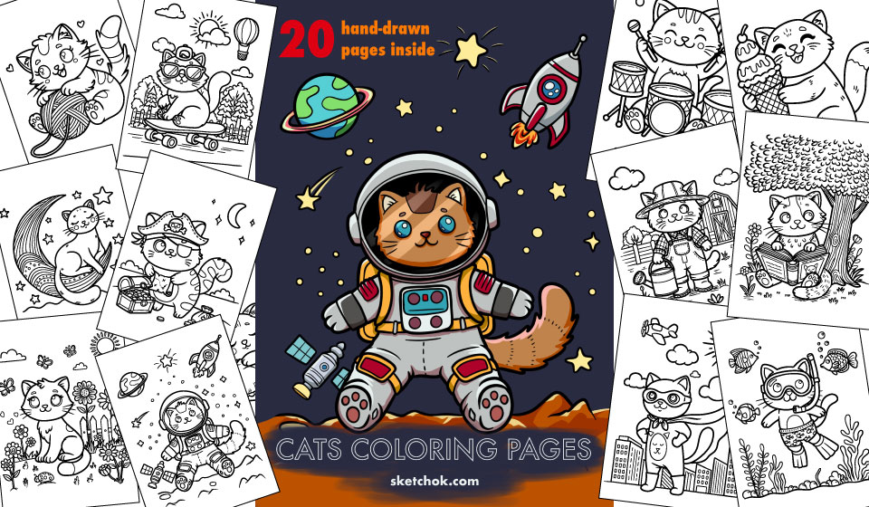 20 Cats Coloring Pages Bundle